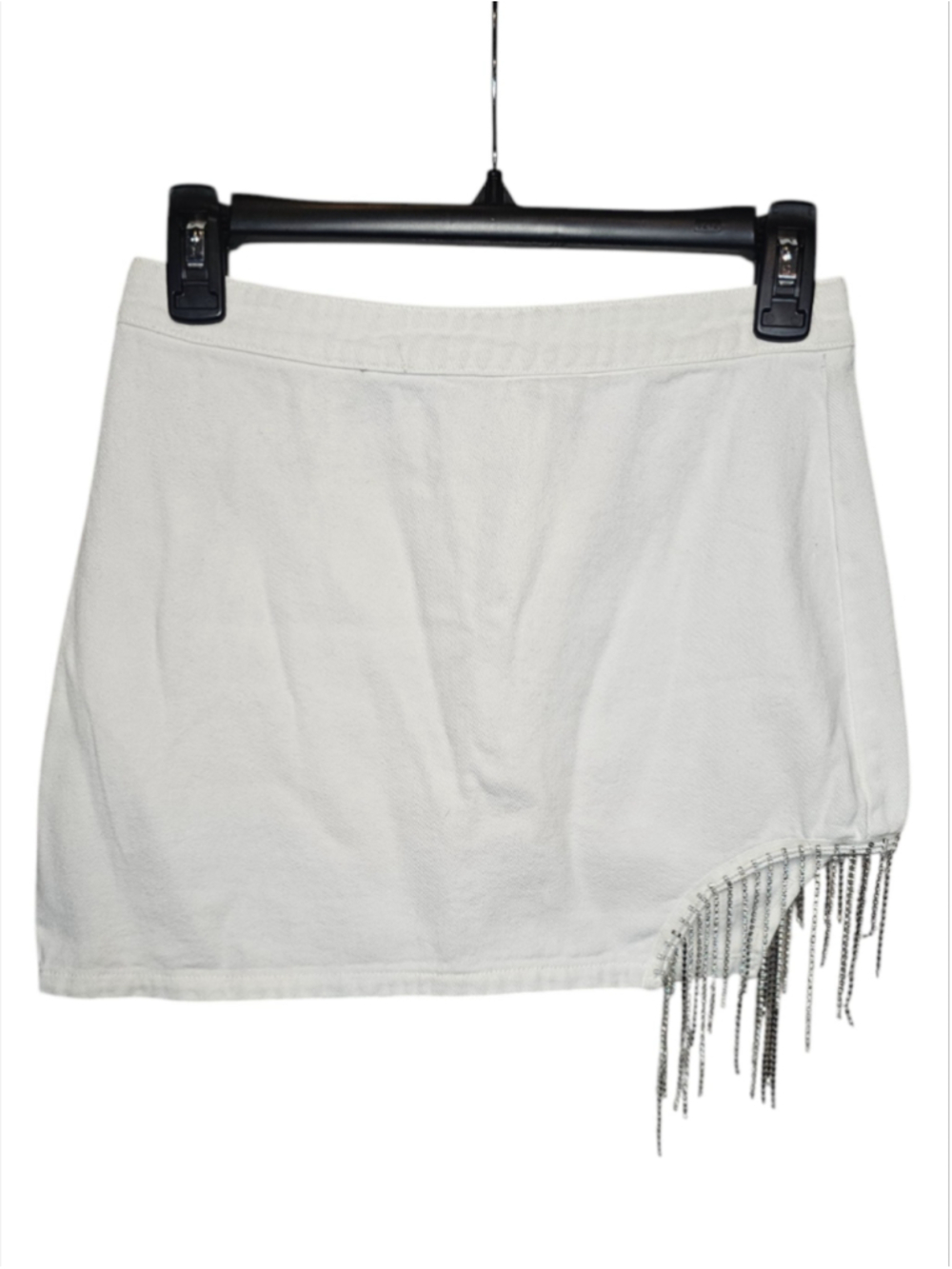 Cloud Ten White Denim Rhinestone Fringe Mini Skirt Side Slit Sparkle Small EUC